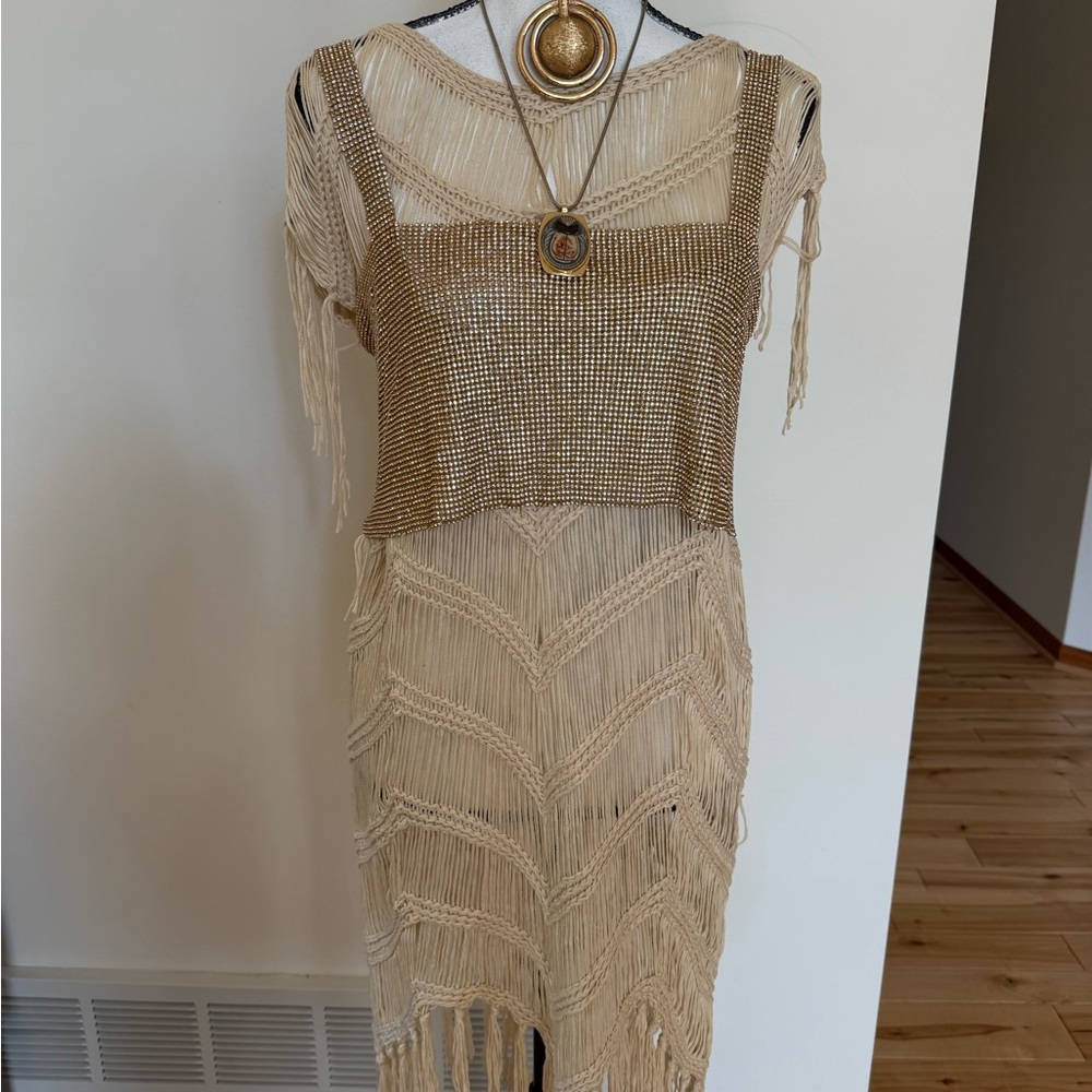 Crochet/mac Cream Fringe Sleeveless Dress/layering piece - Picture 1 of 11